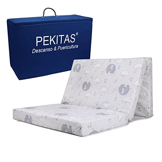 PEKITAS Colchón De Viaje Plegable 60x120 cm Altura 6 cm Incluye Bolsa Transporte Bebé Cuna Funda Lavable Transpirable Estampado Elefantes Gris