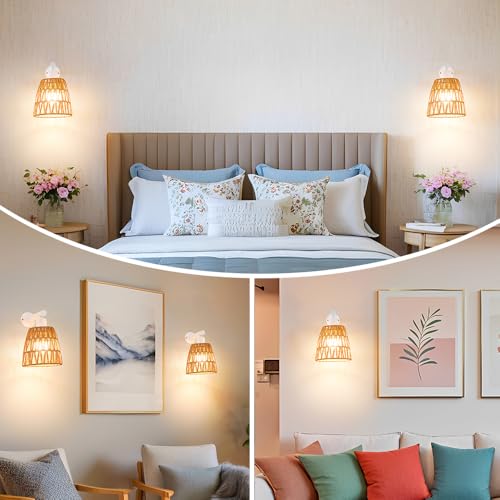 Image of Battery Operated Wall Sconce Set of 2, Boho USB Rechargeable Wall lamp, White Farmhouse Rattan Sconce Lighting with Remote, RGB 15 Colors Modes Rechargeable Wall Lights for Bedroom Livingroom Hallway