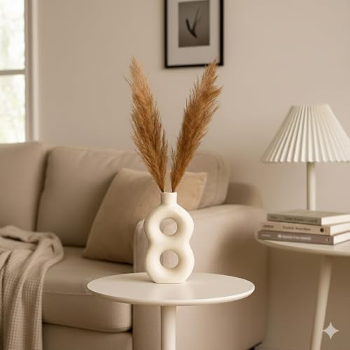 Image of Modern Ceramic Ring Vase with Pink Floral Stems, White, Decorative Flower Holder for Home (7.5 x 9)