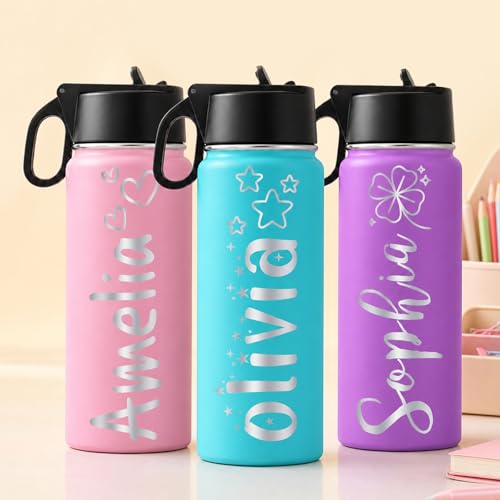 Image of Personalized Water Bottles for Kids with Engraved Name with Straw Lid Custom 18oz Insulated Stainless Steel Water Cups for School Customized Gifts for Boys Girls for Birthday Back to School BPA Free