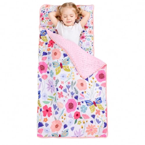 Image of Viviland Toddler Nap Mat, Rolled Sleeping Mats with Pillow and Minky Dot Blanket for Girls, Kids Slumber Bag Nap Mat for Preschool, Daycare, Kindergarten, Travel Camping - Butterfly Garden