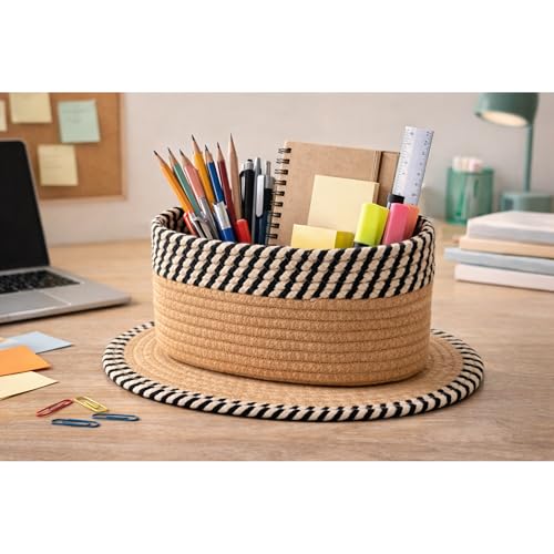Image of Remote Stand for Table | Cotton Rope Storage Basket for Makeup Organisers, Coffee Table Organiser & Remote Holder for Living Room | Eco-Friendly Dual-Tone Organizer with Mat (ZEB-Black & Beige)