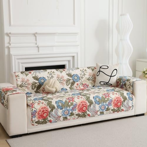 Image of HOMETHREADS Premium Style Anti Slip Sofa Cover Set | Cotton Sofa Slipcover | 1Pc Front Cover with Attached Armrest + 1Pc Back Cover (Rose Beige, 5 Seater | 220x185cm)