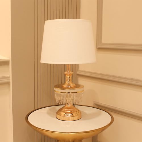 Image of ELARE Gold Table Lamp with Crystal Fringe & White Fabric Shade, 49cm | LED Bulb Included, Illuminated Glass Ring, Metal & Glass Base, Bedside & Office Use, Anti-Slip Base