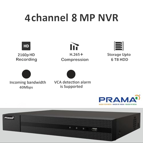 Image of PRAMA PT-NR2A04-Q1 4 Channel 8MP Network Video Recorder with H.265+ Compression, 1 SATA Interface Supporting HDD up to 6TB, 4K HDMI & VGA Dual Output, Gigabit Network.