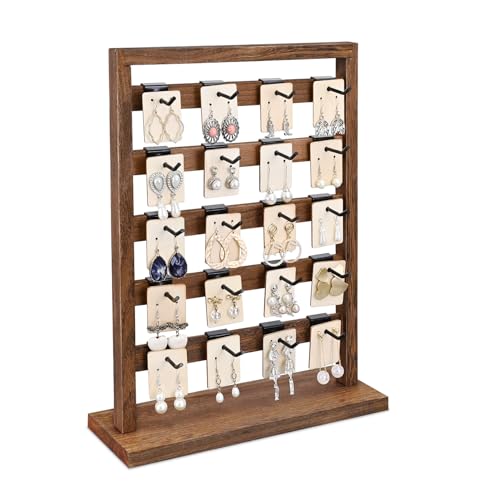 Ikee Design 5 Tiers Free Assemble Wooden Jewelry Display Rack with 20 Removable Metal Hooks Earring Card Display Stand Jewelry Organizer Bracelet Organizer Keychain Display Stand Brown Color
