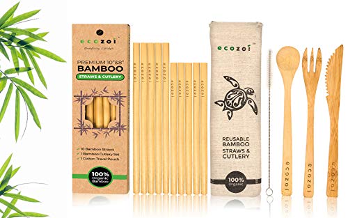 Ecozoi REUSABLE Bamboo Drinking Straws, Set of 10 INSULATED Straws 10" & 8"