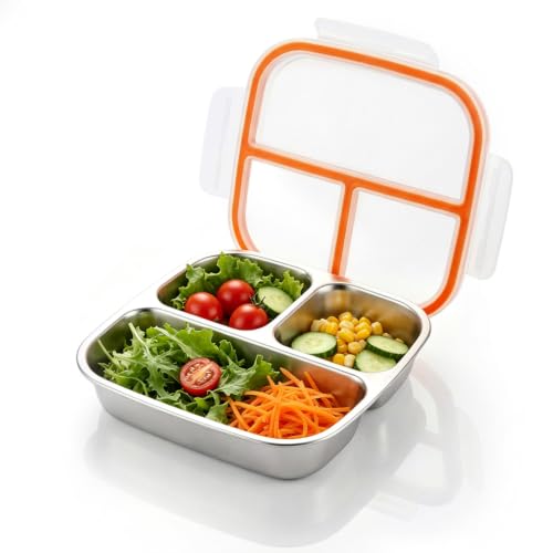 Image of Supvox Steel Tiffin Box for Kids, Snack Box for Kids with Airtight Seal | 3-Compartment Food Container, BPA Free Clear Lid, Portable Bento Box for School Office Travel, 600ml