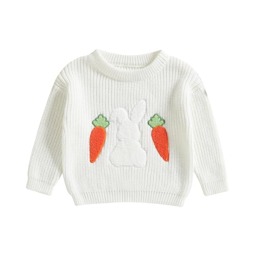 Toddler Girls Knit Easter Sweater Long Sleeve Bunny Carrot Embroidery Pullover Knitwear