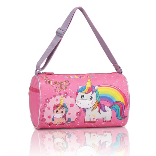 Image of Kids Unicorn Duffle Bag for Girls | Pink Magic Rainbow Barrel Travel Bag | Lightweight Polyester Shoulder Bag for School, Gym, Swimming, Dance, Picnic & Weekend Trips | Age 3-12 Years (Unicorn)
