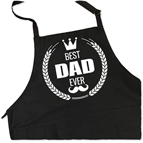 ApronMen - Best Dad Ever Crown - Funny BBQ Apron for Dads - 1 Size Fits All Chef Quality Cotton 4 Utility Pockets Adjustable Neck and Extra Long Waist Ties - Black Color