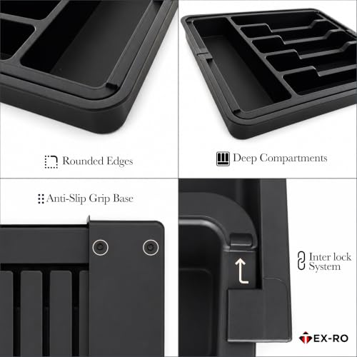Image of TEX-RO Expandable Cutlery Tray for Kitchen Drawer | Adjustable Utensil Organizer with Multiple Compartments | Plastic Spoon, Fork & Knife Storage for Modular Kitchen