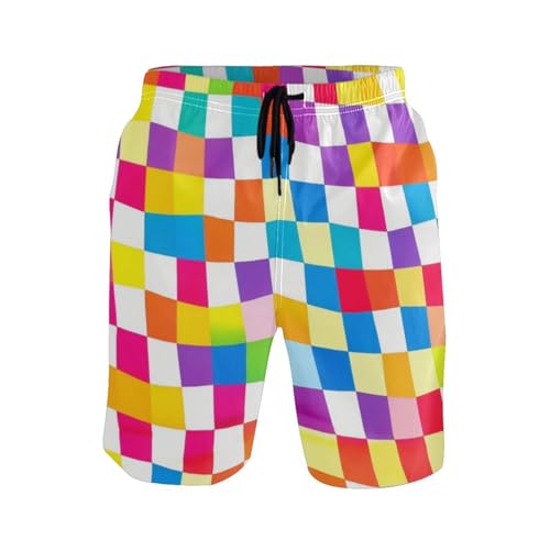Rainbow Checkered Plaid Mens Shorts 2 Layer Stretch Beach Shorts Quick 8”/ 9” Long XL Plus Size Swimming