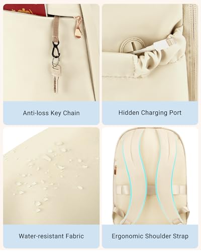 Image of LIGHT FLIGHT Travel Laptop Backpack for Women, 15.6 Inch Backpack with USB Charging Hole, Water Resistant College Bookbag, Large Capacity Black Computer Backpacks for Work, Warm Beige