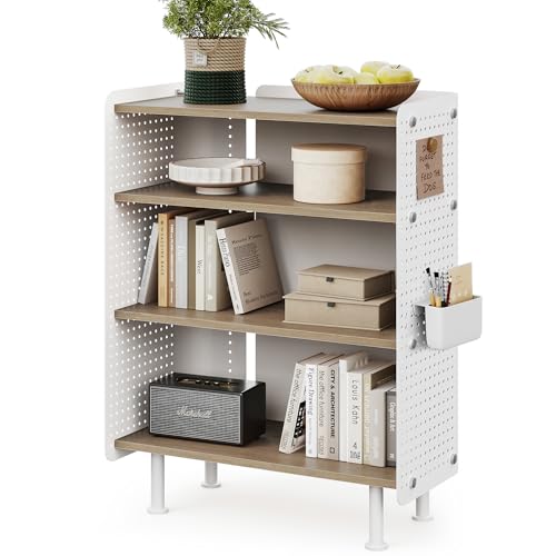 Fenge 4 Tier Bookshelf, Modern Open Bookcase with Pegboard, 24.3 Inches Small Book Shelf Storage Organizer with Adjustable Shelves for Living Room, Bedroom, Home Office