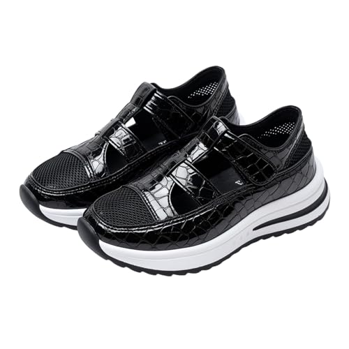 Baskets Mary Jane anti-fatigue en cuir croco noir respirant à sangle réglable