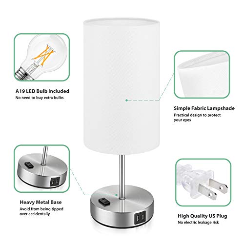 Set Of 2 Touch Control Table Lamps With 2 Usb Charging Ports&Ac Outlet, 3-Way Dimmable Bedside Nightstand Lamps With White Fabric Lampshade For Reading, Bedroom, Living Room, A19 Led Bulbs Included #TOP4
