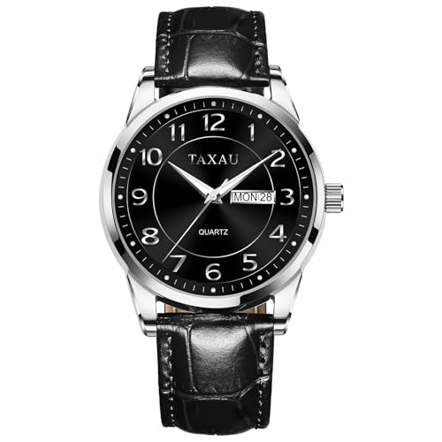 Taxau Silber Leder wasserdichte Uhren Herren Gentleman Business Freizeit Herren Armbanduhr Männer Mit Datums- Und Tagesanzeige Herren Uhr Armband Zifferblatt Schwarzes Luxus 8405