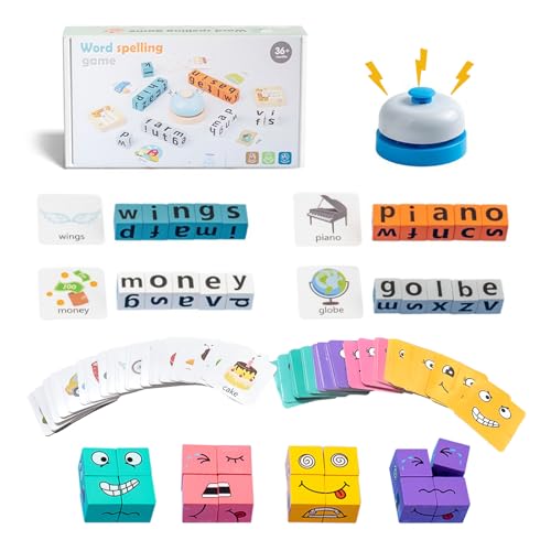 Lielyhod Face Changing Building Block Word Spelling Game Two-piece SetWooden Expression Letter Puzzle Cubes Board Game for Kids Ages 3+ Boys and Girls Educational Toy Gifts.