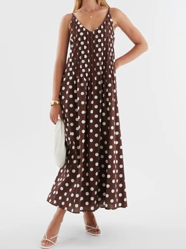 Image of Anoumcy Summer Pleated Maxi Dresses for Women 2026 Spaghetti Strap V Neck Vacation Beach Long Flowy Boho Sundress