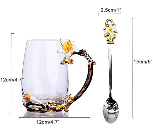 Flower Tea Cups, Coffee Mugs, Glass Mug With Spoon Set, Handmade Lily Valentine's Day Gifts - Best Gift For Newlyweds Christmas New Year Anniversaries Parents Weddings Engagements (13Oz, Yellow) #TOP2