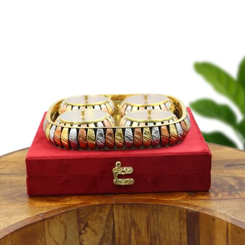 Image of INTERNATIONAL GIFT Aluminium 4-Jar Dry Fruit Set with Acrylic Lids & Tray - Tri-Tone Mukhwas & Candy Server in Velvet Gift Box for Premium Gifting