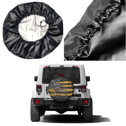 Image of Distressed American Flag Thin Yellow Spare Tire Cover Dust-Proof Wheel Tire Cover Fit Trailer, RV, SUV and Many Vehicle 15 Inch