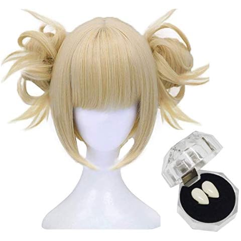 FVCENT Short Blonde Full Bang Anime Cosplay Wig with 2 Detachable Clip on Buns Cover