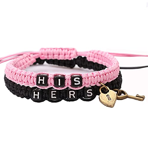 Image of AKOAK 2 Pcs HIS HERS Couple Braided Bracelet Padlock Key Pendant Hand Braided Lanyard Valentine's Day Gift Jewelry