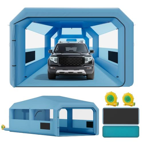 Albott 26.2x13.1x10 FT Inflatable Paint Booth with 950W+550W Blowers Upgrade 4-Stage Filters System & Peak Roof Portable Paint Booth with PVC Windows for DIY Mobile Detailing Auto Refinish