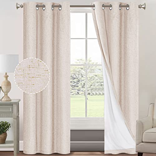 PrinceDeco Primitive Textured Linen 100% Blackout Curtains for Bedroom/Living Room Energy Saving Window Treatment Curtain Drapes, Burlap Fabric with White Thermal Insulated Liner (42 x 84in, Natural)