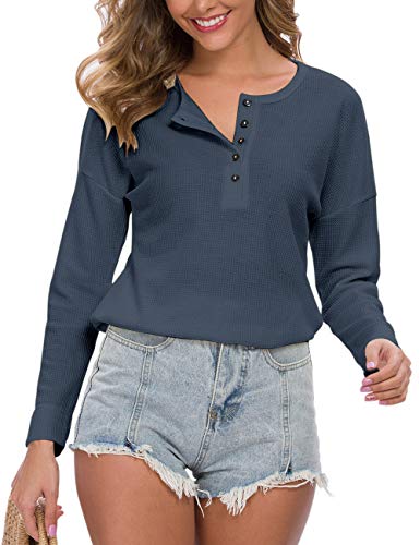Image of MOLERANI Womens Long Sleeve Waffle Knit Henley Shirts Tunic Tops