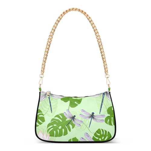 Dragonflies Green Leaves Floral Designer Handbags Womens Ladies Shoulder Bag Zipper Casual Hobo Purse with Chain Strap