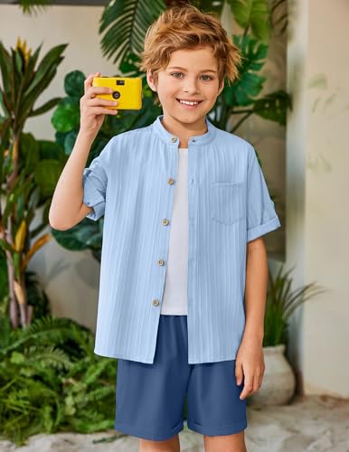 Image of Arshiner Boy's 2 Piece Beach Outfit Short Sleeve Textured Button Down Shirt and Short Sets Summer Vacation Wear 4-12 Years