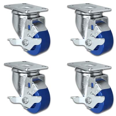 CasterHQ - 3" Solid Polyurethane Wheel | 4 Swivel with Brakes | Caster Set of 4 | Plate Size: 2-3/8" x 3-5/8" | 1,200 lbs Capacity Per Set