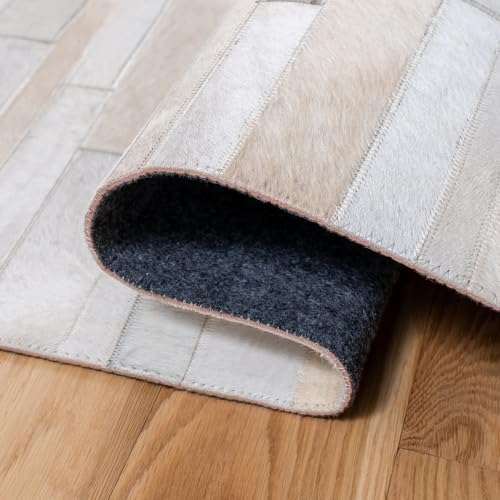Image of Premium Cowhide Leather Striped Rug, Hand Made Area Rug, Artisan-Crafted Non Slip Floor Accent for Dining Room, Living Room Rug, Color: Beige /White, Size: 6X9 ft
