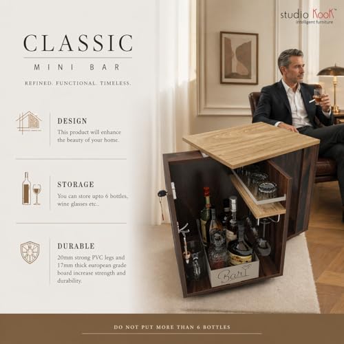 Image of Studio Kook Classic Mini Bar - 360 Revolving Wooden Home Bar Cabinet with Lock, Stainless Steel Glass Holder, Delivered Preassembled (Junglewood, Matte Finish)