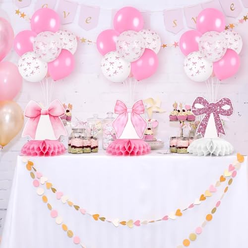 Image of 6 Set Pink Bow Birthday Decoration for Table Baby Girl Shower Decorations Pink Bow Balloon Table Centerpiece with Balloons Stand Kit Honeycomb Centerpiece for Girls Birthday Wedding Party Supply