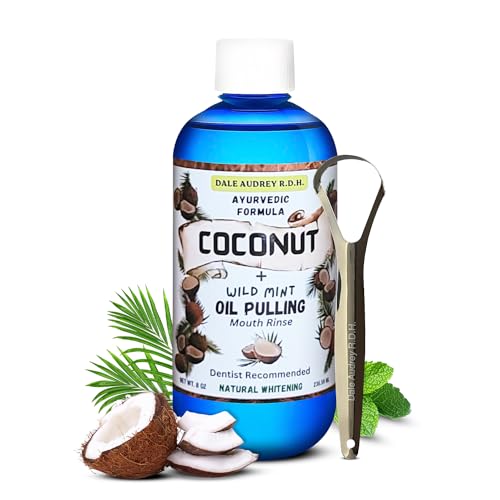 Dale Audrey Coconut Pulling Oil for Teeth and Gums with Stainless Steel Tongue Scraper | CocoMint Oil Pulling Mouthwash, Ayurvedic Alcohol-Free Teeth Whitening Mouthwash for Gums & Bad Breath- 8 FL Oz