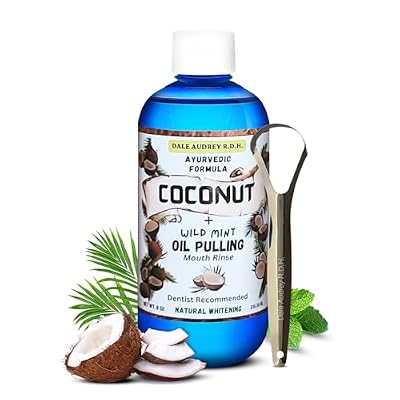 Coconut Pulling Oil for Teeth and Gums with Stainless Steel Tongue Scraper | CocoMint Oil Pulling Mouthwash, Ayurvedic Alcohol-Free Teeth Whitening Mouthwash for Gums & Bad Breath- 8 FL Oz