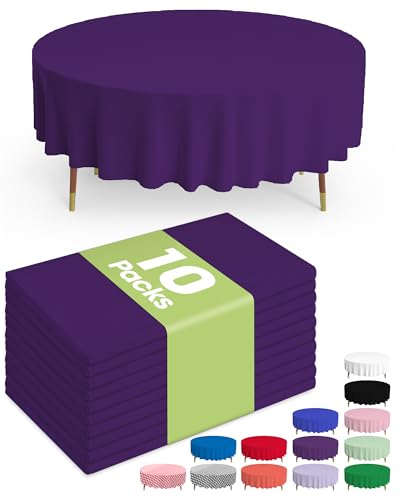Image of Pureegg Plastic Table Cloth Disposable 10 Pack, 84'' Round Table Cloths, Halloween Party Decorations, Summerween Decor, Halloween Tablecloths, Round, Plastic Cover, Leakproof & Sturdy, Purple