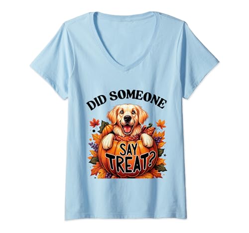 Dog Funny Halloween Golden Retriever Did Someone Say Treat Camiseta Cuello V