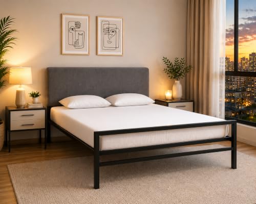 Image of Metal Platform Bed Frame with Upholstered Headboard, Grey Tufted headboard, Minimalist Bedroom Furniture, Sturdy Steel Slat Support, Contemporary Bedroom Decor, Queen Size Comfortable