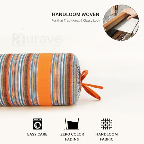 Image of AURAVE Woven Cotton 144 TC Printed Bolster Cover with Drawstring Closure, Set of 2, Soft Breathable Durable Machine Washable for Sofa Bed & Home Decor, 15 inchx30 inch, Orange | Cover Only