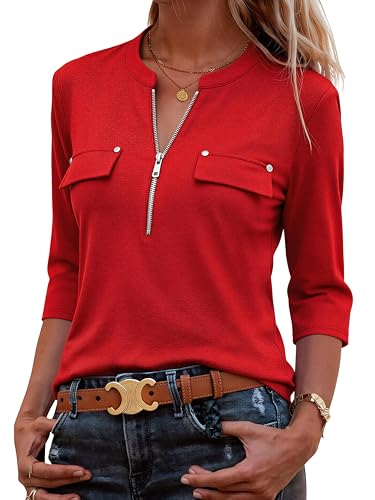 Red Tops for Women 3/4 Sleeve Round Neck Long Silky
