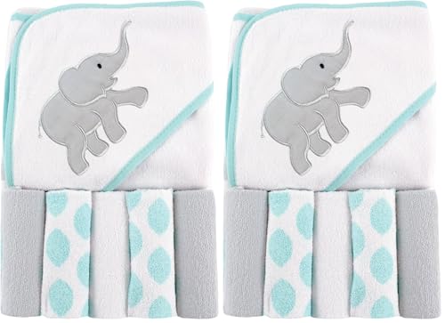 Image of Luvable Friends Unisex Baby Hooded Towel with Five Washcloths,Cotton,Polyester,Ikat Elephant,One Size,(Pack of 2)