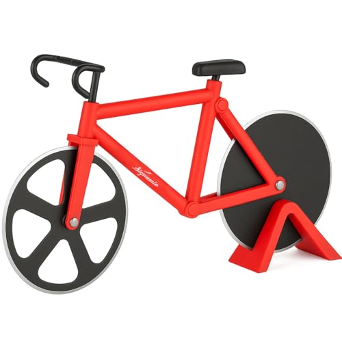 Image of SIGNAMIO Bicycle Pizza Cutter and Sandwich Slicer - Red, Ergonomic Non-Slip Handle, Stainless Steel Pizza Wheel for Kitchen, Ideal Roti, Paratha, Chapati, Brownie & Slice Cutter