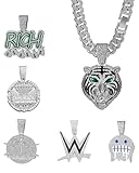 PHOEGRAY Lced Out Diamond Cuban Chain for Men | Hip Hop Miami Link Necklace Silver & Gold Plated Options with Pendant, 7-Pack Gift Set (Silver, 24Inches(60.0cm))