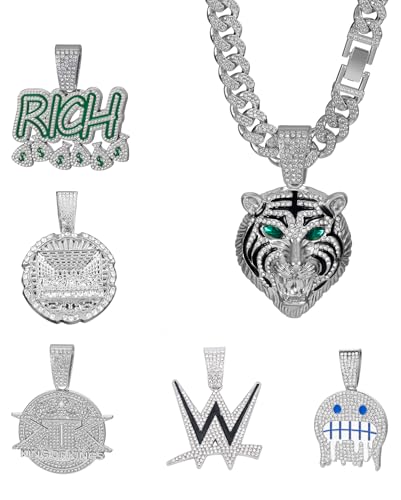​Lced Out Diamond Cuban Chain for Men | Hip Hop Miami Link Necklace Silver & Gold Plated Options with Pendant, 7-Pack Gift Set