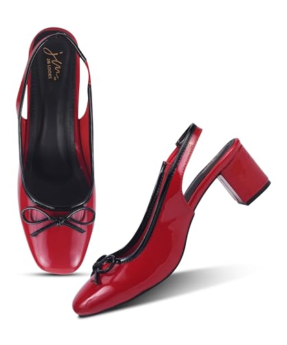 Image of JM LOOKS Women Slingback Block Heels with Bow Detail Closed Round Toe Pumps Dress Shoes